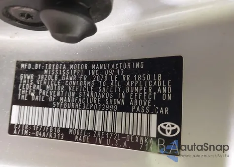 2014 Toyota Corolla Le Plus from USA, damaged, VIN 5YFBURHE3EP013999